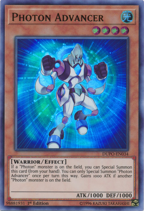 An Ultra Rare "Photon Advancer" card from the Yugioh Set: Duel Power (DUPO).