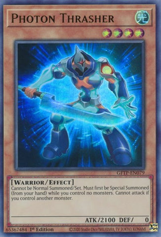 An Ultra Rare "Photon Thrasher" card from the Yugioh Set: Ghosts From the Past (GFTP).