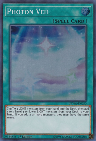 A Super Rare "Photon Veil" card from the Yugioh Set: Spirit Warriors (SPWA).