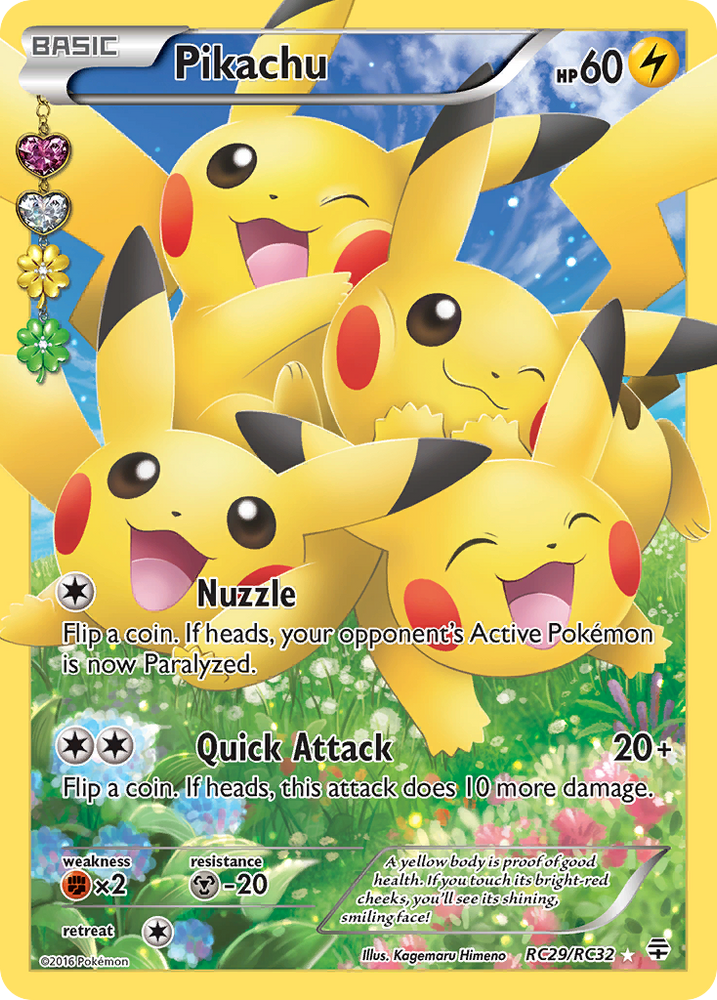 An Ultra Rare "Pikachu" (RC29/RC32) card from the Pokemon Set: XY: Generations.