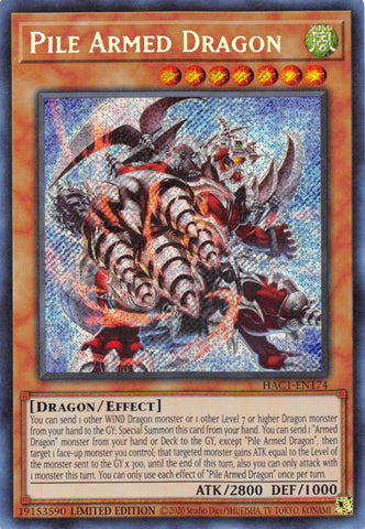 A Secret Rare "Pile Armed Dragon" card from the Yugioh Set: Hidden Arsenal: Chapter 1 (HAC1).