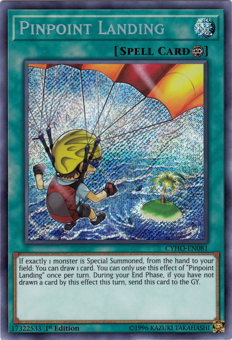 A Secret Rare "Pinpoint Landing" card from the Yugioh Set: Cybernetic Horizon.