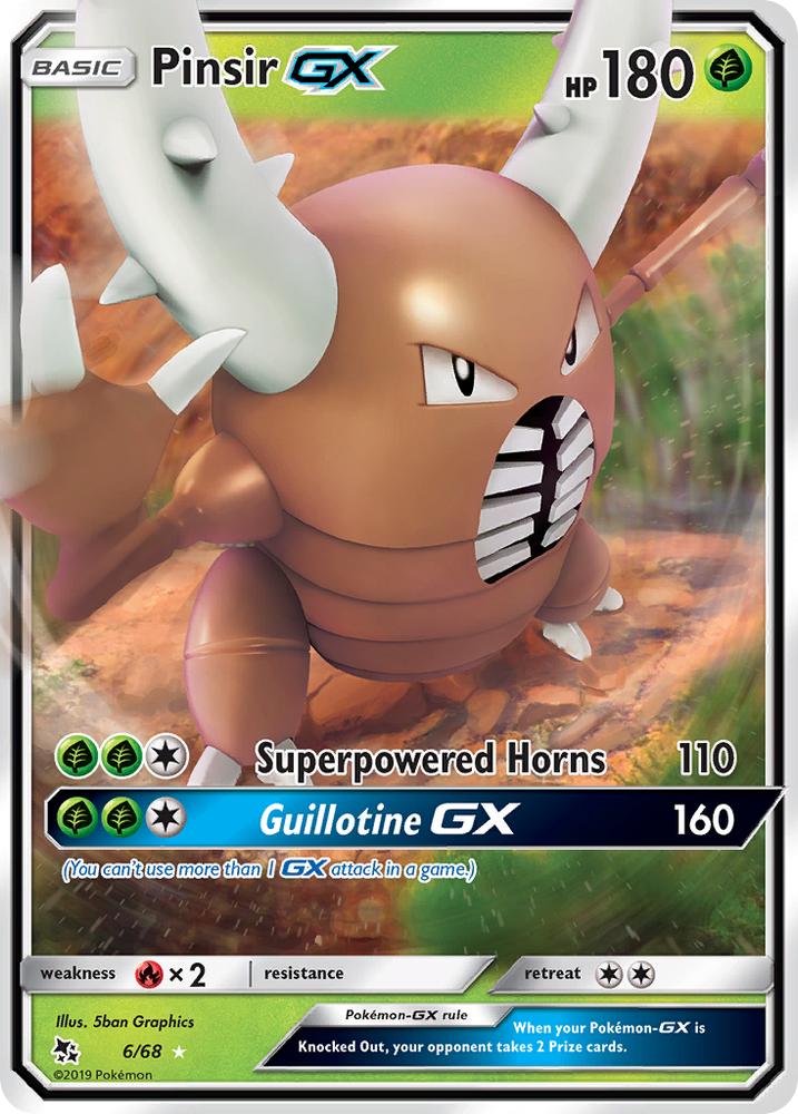 An Ultra Rare "Pinsir Gx" (6/68) card from the Pokemon Set: Sun & Moon: Hidden Fates.