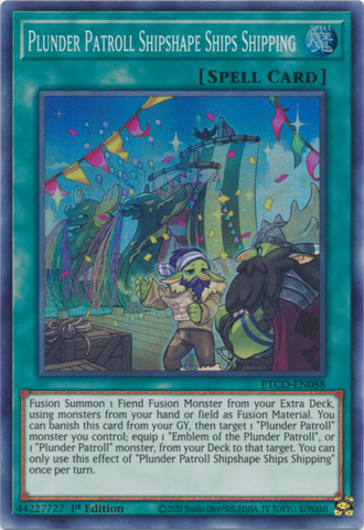 A Super Rare "Plunder Patroll Shipshape Ships Shipping" card from the Yugioh Set: Eternity Code (ETCO).