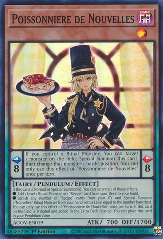 A Super Rare "Poissonniere De Nouvelles" card from the Yugioh Set: Age of Overlord.