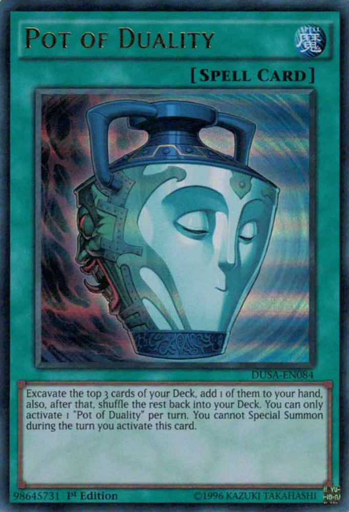 An Ultra Rare "Pot of Duality" card from the Yugioh Set: Duelist Saga (DUSA).