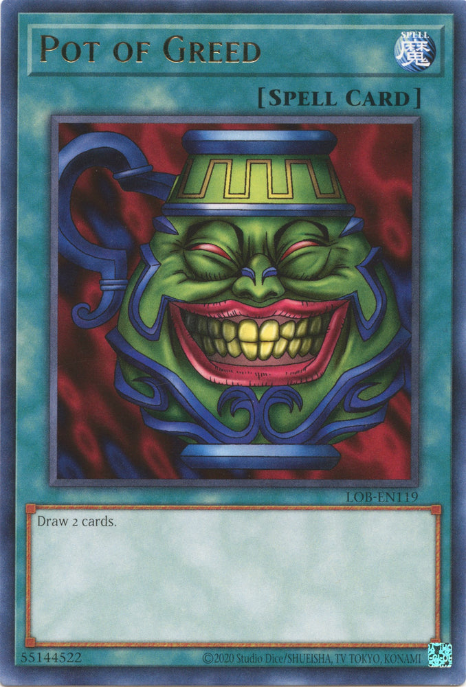 A Rare "Pot of Greed" card from the Yugioh Set: Legend of Blue-Eyes White Dragon 25th Anniversary (LOB).