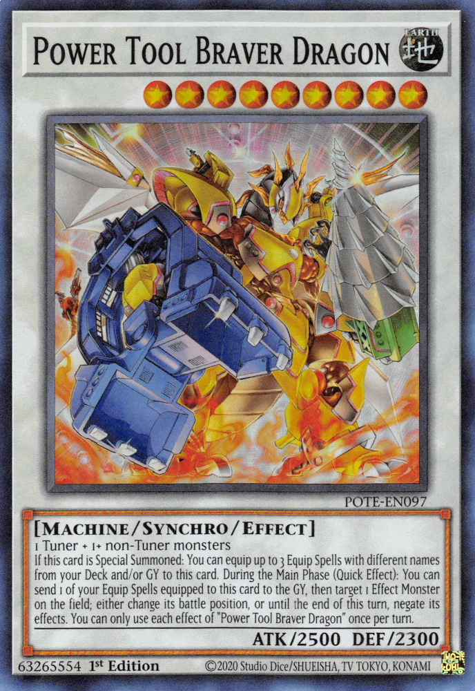 A Super Rare "Power Tool Braver Dragon" card from the Yugioh Set: Power of the Elements (POTE).