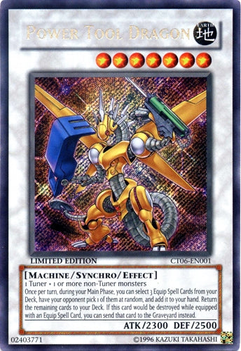 A Secret Rare "Power Tool Dragon" card from the Yugioh 2009 Collector Tins (CT06).