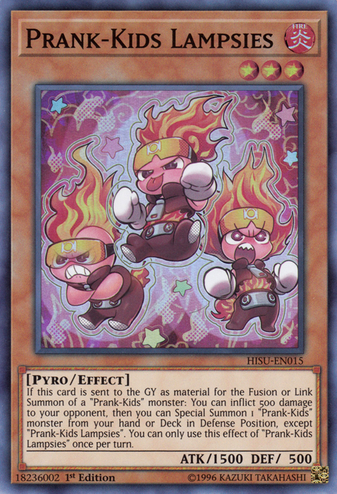 A Super Rare "Prank-Kids Lampsies" card from the Yugioh Set: Hidden Summoners (HISU).