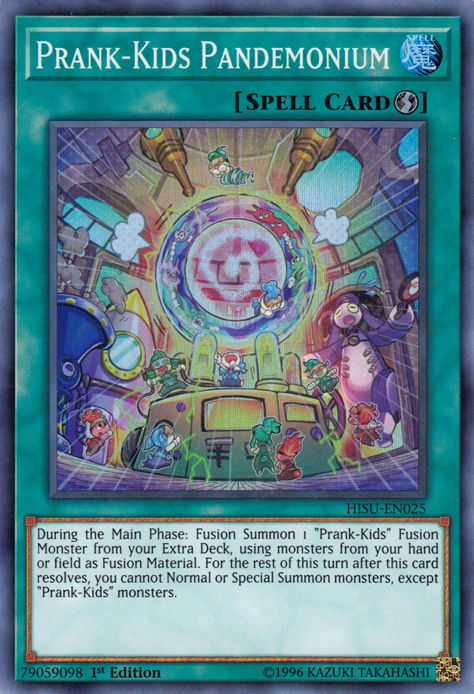 A Super Rare "Prank-Kids Pandemonium" card from the Yugioh Set: Hidden Summoners (HISU). 