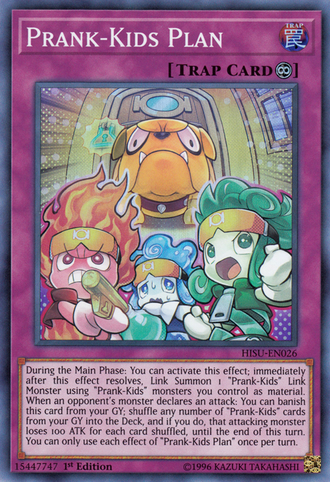 A Super Rare "Prank-Kids Plan" card from the Yugioh Set: Hidden Summoners (HISU).