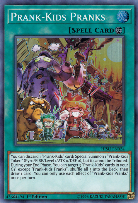 A Super Rare "Prank-Kids Pranks" card from the Yugioh Set: Hidden Summoners (HISU).