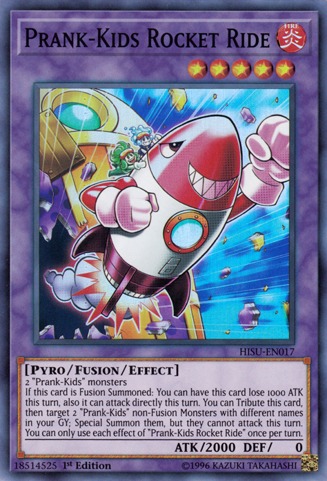 A Super Rare "Prank-Kids Rocket Ride" card from the Yugioh Set: Hidden Summoners (HISU). 