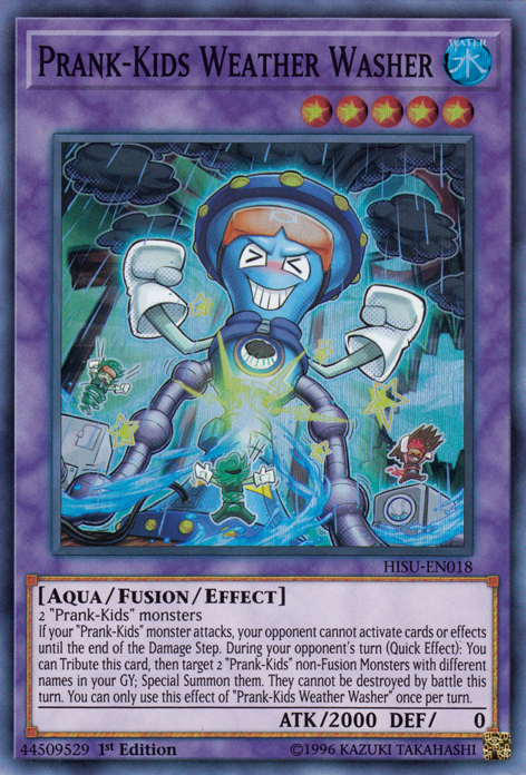 A Super Rare "Prank-Kids Weather Washer" card from the Yugioh Set: Hidden Summoners (HISU).