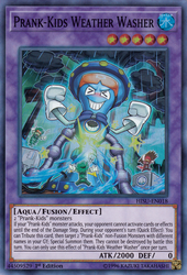 A Super Rare "Prank-Kids Weather Washer" card from the Yugioh Set: Hidden Summoners (HISU).