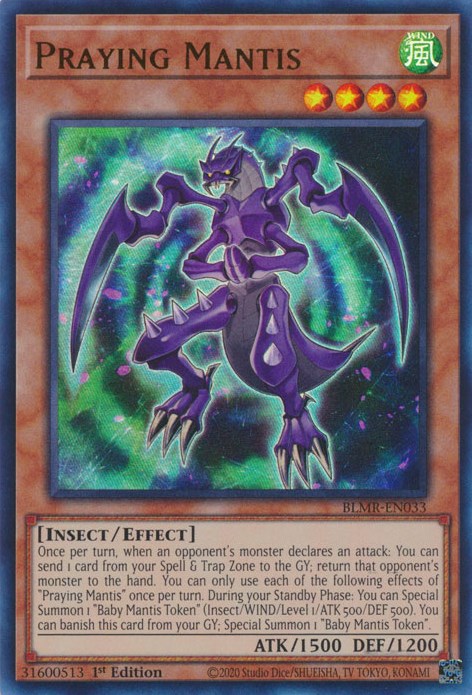 An Ultra Rare "Praying Mantis" card from the Yugioh Set: Battles of Legend: Monstrous Revenge.