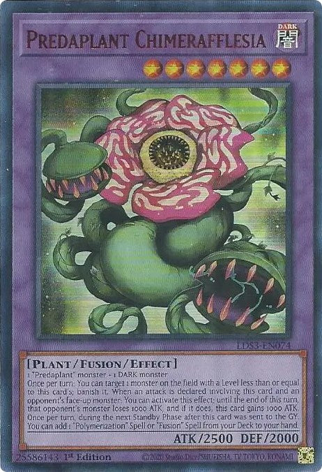 An Ultra Rare Red "Predaplant Chimerafflesia" card from the Yugioh Set: Legendary Duelists: Season 3.