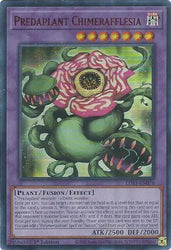 An Ultra Rare Red "Predaplant Chimerafflesia" card from the Yugioh Set: Legendary Duelists: Season 3.