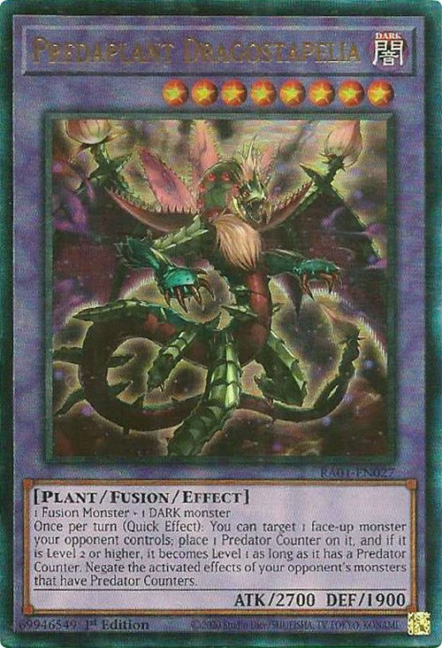 A Prismatic Ultimate Rare "Predaplant Dragostapelia" card from the Yugioh Set: Rarity Collection 1 (RA01).