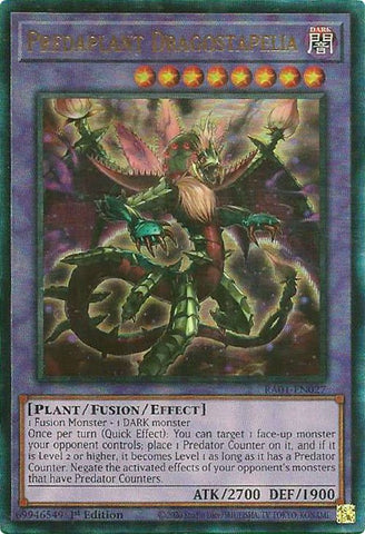A Prismatic Ultimate Rare "Predaplant Dragostapelia" card from the Yugioh Set: Rarity Collection 1 (RA01).