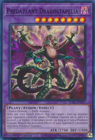 A Super Rare "Predaplant Dragostapelia" card from the Yugioh Set: Rarity Collection 1 (RA01).