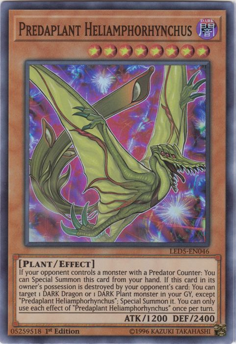 A Super Rare "Predaplant Heliamphorhynchus" card from the Yugioh Set: Legendary Duelist: Immortal Destiny (LED5).