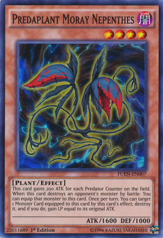 A Super Rare "Predaplant Moray Nepenthes" card from the Yugioh Set: Fusion Enforcers (FUEN).