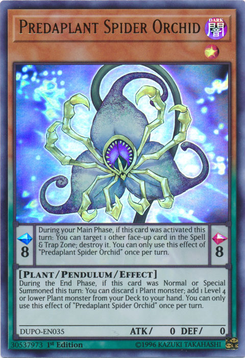 An Ultra Rare "Predaplant Spider Orchid" card from the Yugioh Set: Duel Power (DUPO).