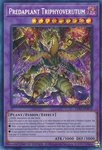A Secret Rare "Predaplant Triphyoverutum" card from the Yugioh Set: Legendary Duelists: Season 3 (LDS3).