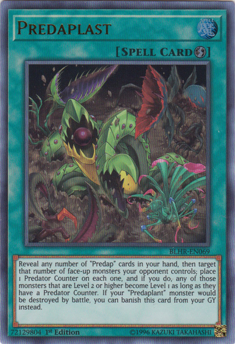 An Ultra Rare "Predaplast" card from the Yugioh Set: Battles of Legend: Hero's Revenge (BLHR).