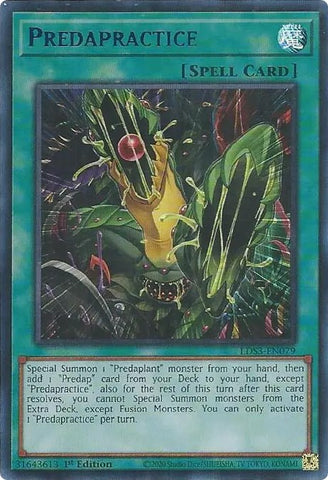 An Ultra Rare Blue "Predapractice" card from the Yugioh Set: Legendary Duelist: Season 3.