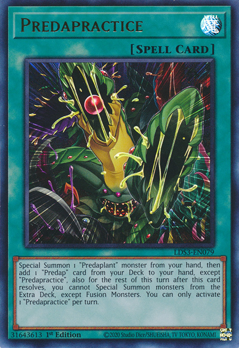 An Ultra Rare "Predapractice" card from the Yugioh Set: Legendary Duelist: Season 3.