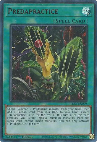 An Ultra Rare Red "Predapractice" card from the Yugioh Set: Legendary Duelist: Season 3.