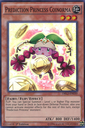 A Super Rare "Prediction Princess Coinorma" card from the Yugioh Set: Dragons of Legend 2 (DRL2).