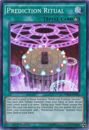 A Super Rare "Prediction Ritual" card from the Yugioh Set: Dragons of Legend 2 (DRL2).