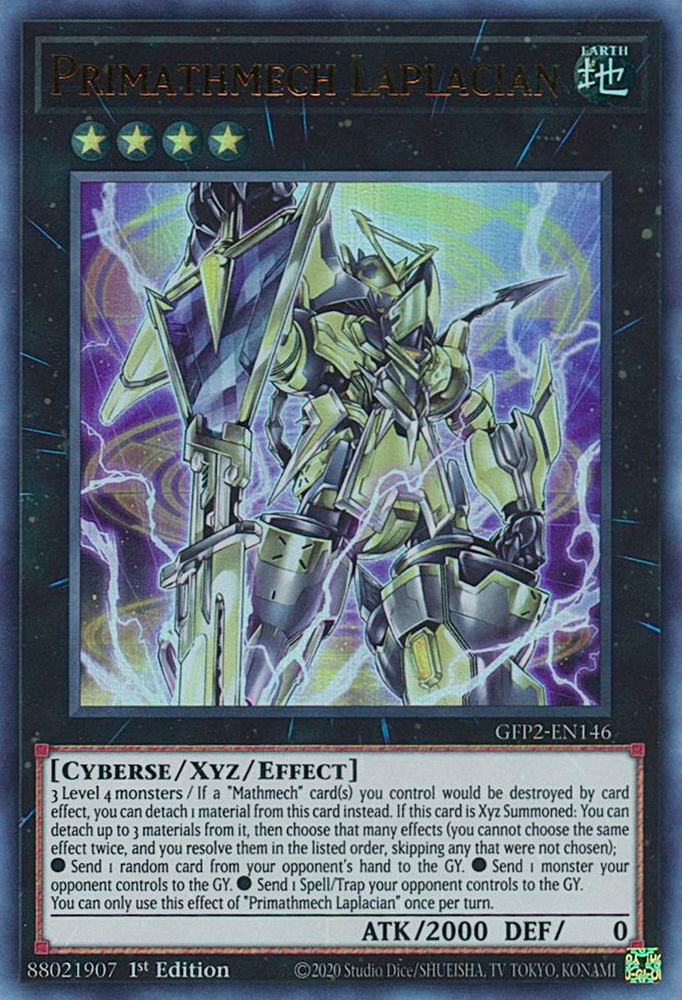  An Ultra Rare "Primathmech Laplacian" card from the Yugioh Set: Ghosts From the Past: The 2nd Haunting (GFP2).