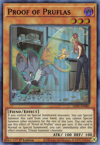 A Super Rare "Proof of Pruflas" card from the Yugioh Set: Lightning Overdrive.