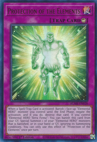 An Ultra Rare "Protection of the Elements" card from the Yugioh Set: Battles of Legend: Monstrous Revenge (BLMR).