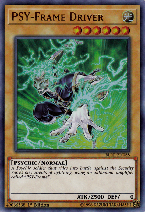 An Ultra Rare "Psy-Frame Driver" card from the Yugioh Set: Battles of Legend: Relentless Revenge (BLRR).