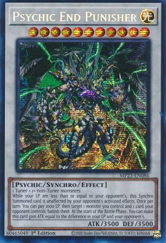 A Prismatic Secret Rare "Psychic End Punisher" card from the Yugioh 25th Anniversary Dueling Heroes Mega-Tin Mega Pack.