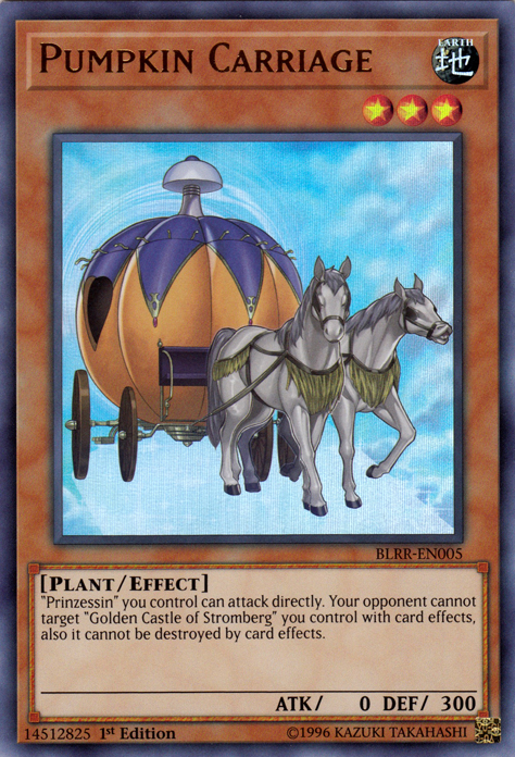 An Ultra Rare "Pumpkin Carriage" card from the Yugioh Set: Battles of Legend: Relentless Revenge.