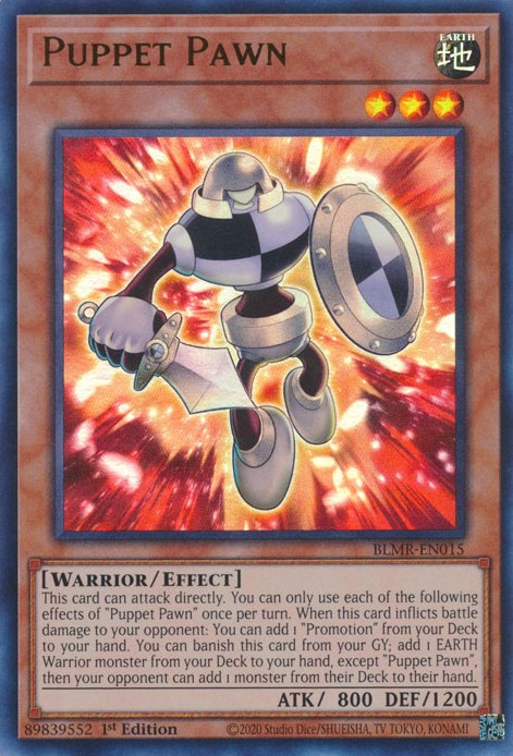 An Ultra Rare "Puppet Pawn" card from the Yugioh Set: Battles of Legend: Monstrous Revenge.