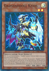 A Super Rare "Qadshaddoll Keios" card from the Yugioh Structure Deck: Shaddoll Showdown.