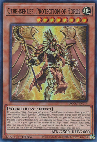 A Super Rare "Qebehsenuef, Protection of Horus" card from the Yugioh Set: Age of Overlord (AGOV).