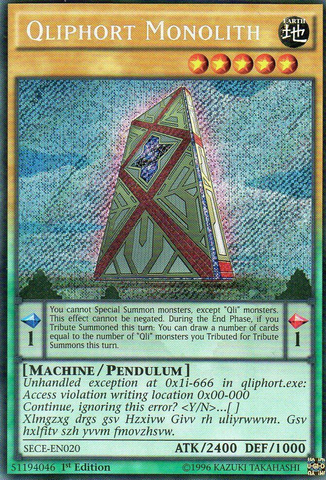 A Secret Rare "Qliphort Monolith" card from the Yugioh Set: Secrets of Eternity.