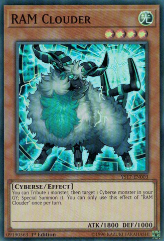 A Super Rare "RAM Clouder" card from the Yugioh Starter Deck: Link Strike.