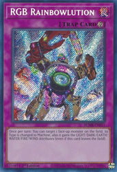 A Secret Rare "RGB Rainbowlution" card from the Yugioh Set: Battles of Legend: Monstrous Revenge.