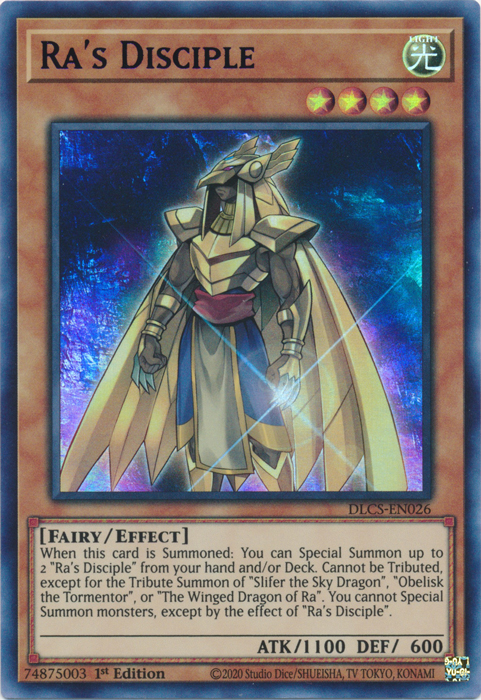 An Ultra Rare Blue "Ra's Disciple" card from the Yugioh Set: Dragons of Legend: The Complete Series (DLCS).