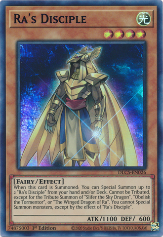 An Ultra Rare Blue "Ra's Disciple" card from the Yugioh Set: Dragons of Legend: The Complete Series (DLCS).